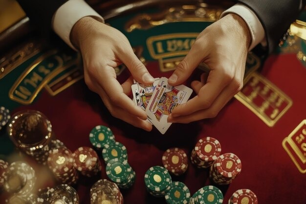 Dealer close-up angle Close-up of AduQ dealer hands managing cards and pot